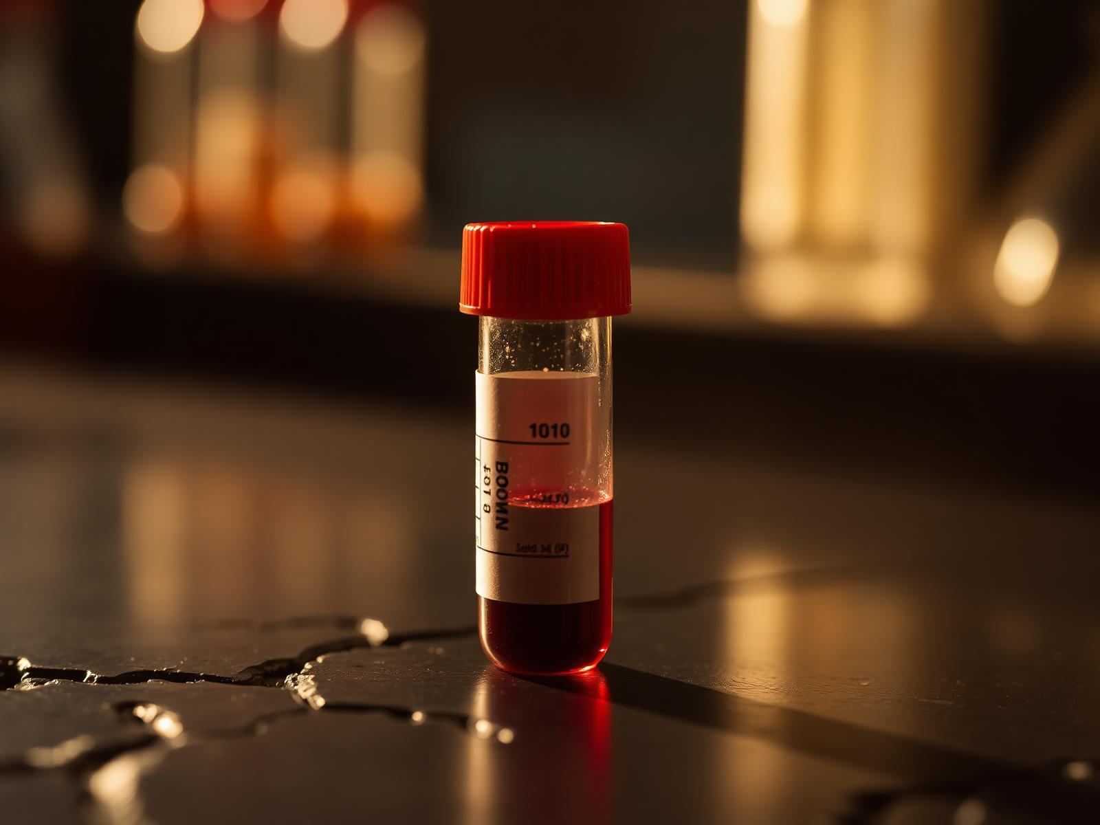 Tubo de laboratorio con muestra de sangre bajo luz cálida — hemoglobina glicosilada.