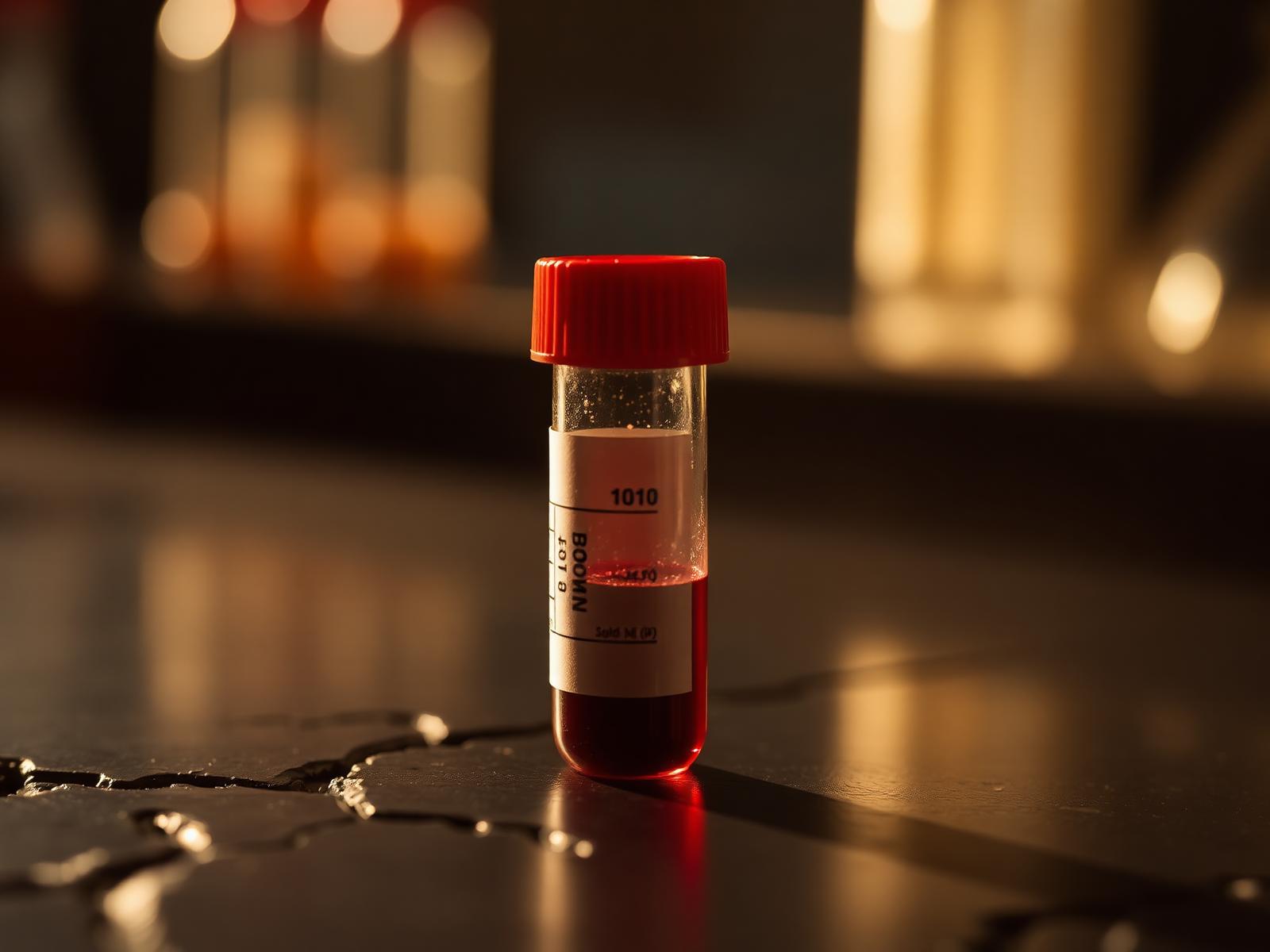 Tubo de laboratorio con muestra de sangre bajo luz cálida — hemoglobina glicosilada.