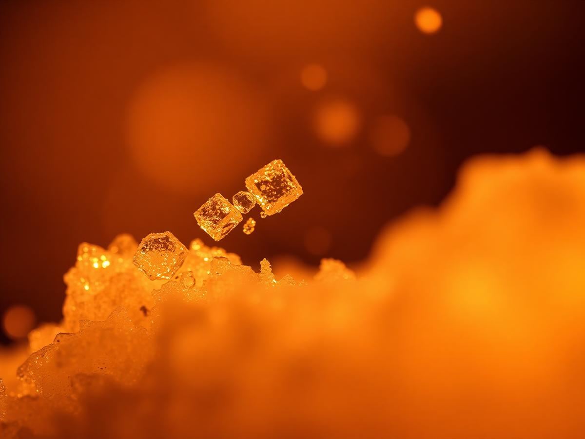 Cristales de azúcar disolviéndose en luz cálida — metabolismo y resistencia a la insulina.