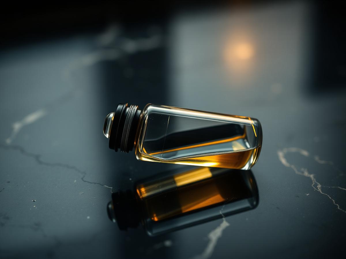 Vial médico con reflejos cálidos sobre mármol — cambios hormonales en la perimenopausia.
