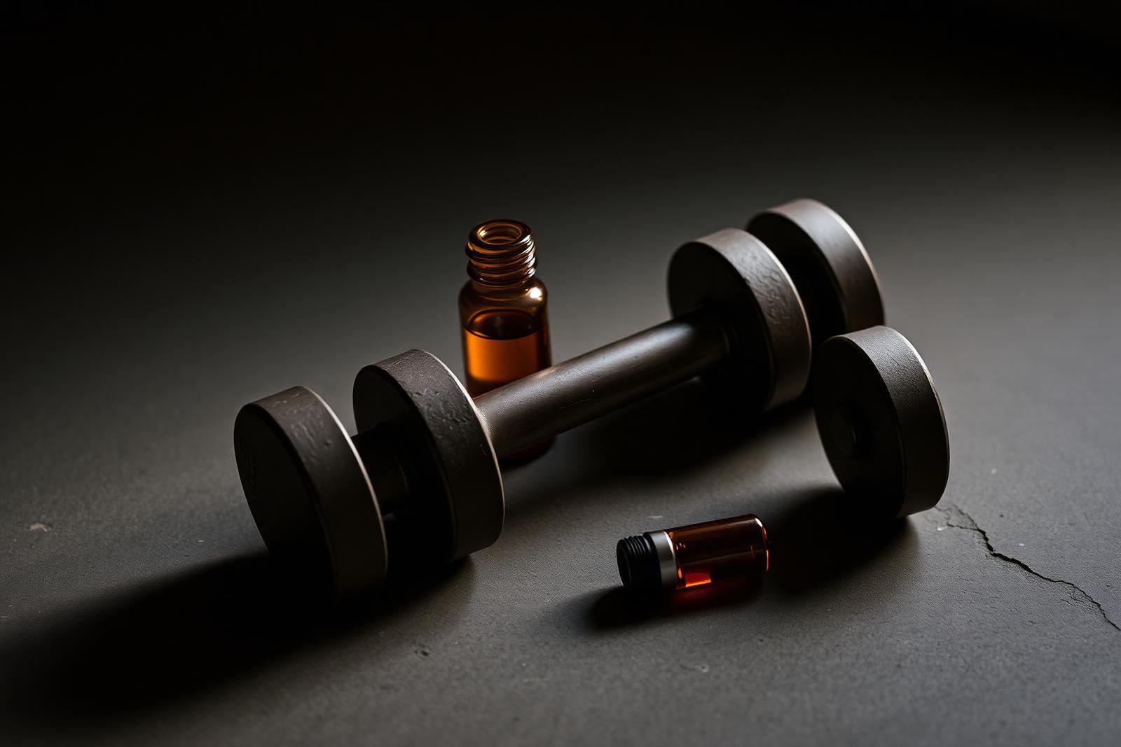 Mancuerna de acero y vial ámbar sobre piedra con luz cálida — testosterona y entrenamiento de fuerza.